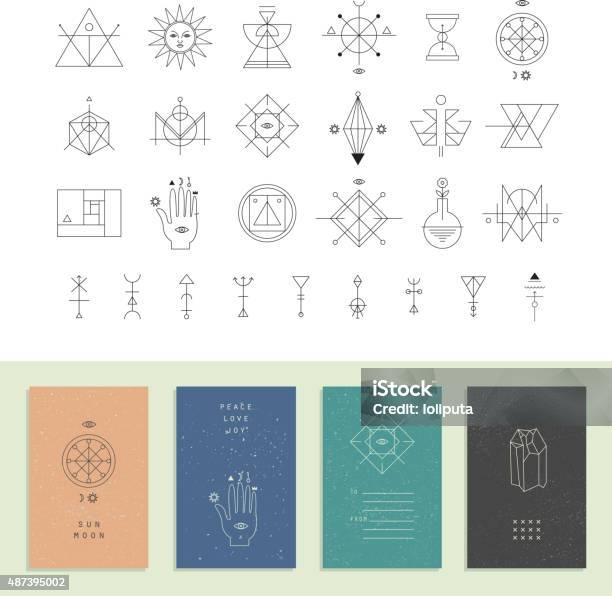 Set Of Vector Trendy Cards With Geometric Icons Alchemy Symbols Stock Illustration - Download Image Now