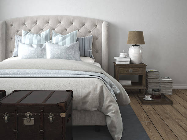 luxus-vintage-stil-schlafzimmer. 3 d abbildung - cushion light bed bedroom stock-fotos und bilder