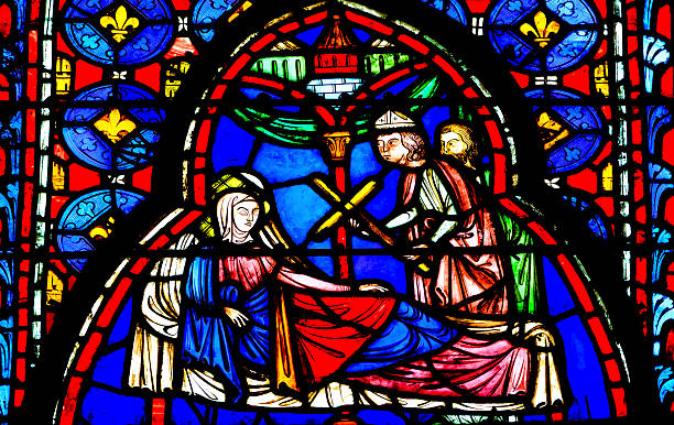 Queen Cross Stained Glass Sainte Chapelle Paris France Paris, France - June 1, 2015: Queen Entering Jerusalem Medieval Life Stained Glass Saint Chapelle Paris France.  Saint King Louis 9th created Sainte Chapelle in 1248 to house Christian relics, including Christ's Crown of Thorns.  Stained Glass created in the 13th Century and shows various biblical stories along with stories from 1200s. sainte chapelle stock pictures, royalty-free photos & images