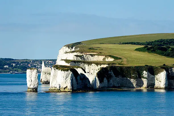 english coastline with chalk cliffs seen from a boat from Poole to cherbourg