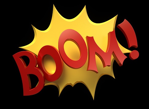 Cartoon style letters spelling the word Boom in 3d.