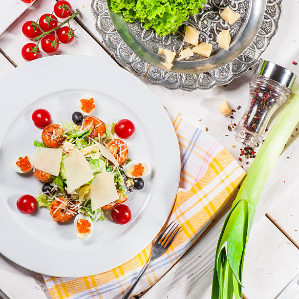 Salad with eggs and shrimps stock photo