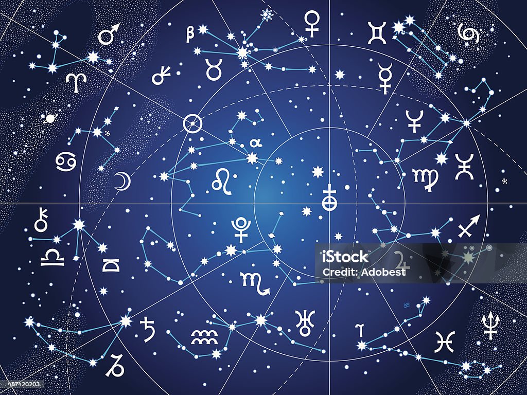 XII Constellations of Zodiac (Ultraviolet Blueprint version) XII Constellations of Zodiac and Its Planets the Sovereigns. Astrological Celestial Chart. (Ultraviolet Blueprint version). Astrology Sign stock vector