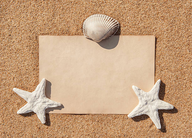 istock Sheet of paper and seashells on the sand 487423661