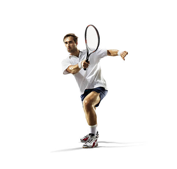 isolado no branco jovem homem está jogando tênis - tennis men indoors playing - fotografias e filmes do acervo