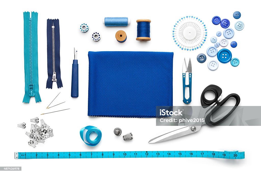 Sewing Tools and Accessories Overhead view of sewing tools and accessories Sewing Stock Photo