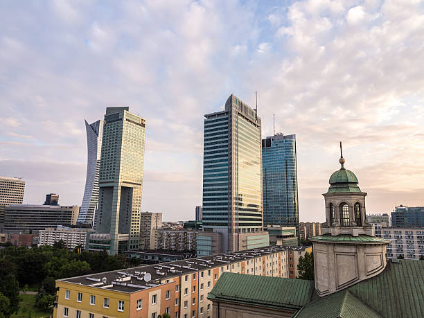 Warsaw Warsaw, Poland - July 14, 2015: Downtown of Warsaw seen from one of the buildings on Bagno street, at sunset. all hallows by the tower stock pictures, royalty-free photos & images