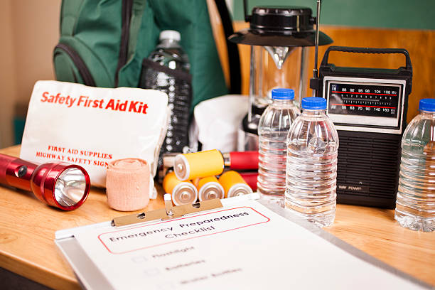 istock Emergency preparedness checklist and natural disaster supplies. 487431610