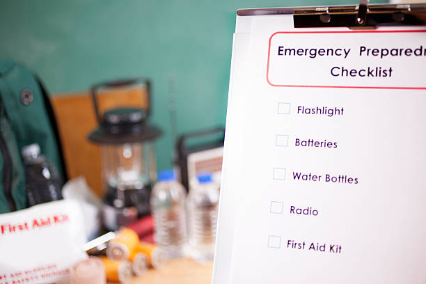 istock Emergency preparedness checklist and natural disaster supplies. 487431656