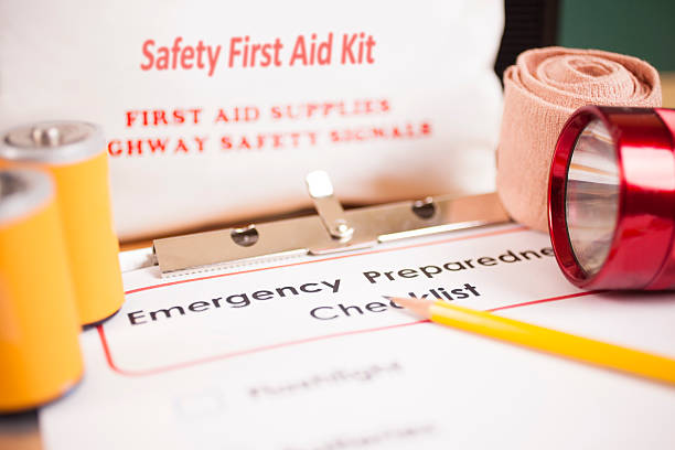 istock Emergency preparedness checklist and natural disaster supplies. 487431658