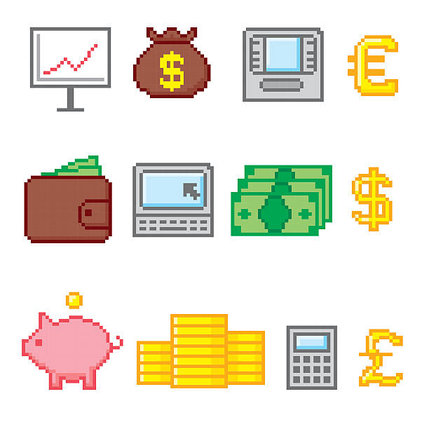 business und finanzen symbol set. pixel-art. old school-computer - pixel art grafiken stock-grafiken, -clipart, -cartoons und -symbole