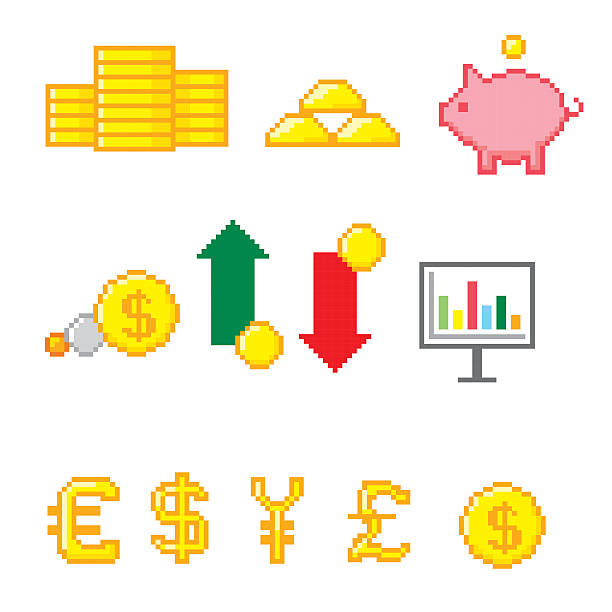business und finanzen symbol set. pixel-art. old school-computer - pixel art grafiken stock-grafiken, -clipart, -cartoons und -symbole