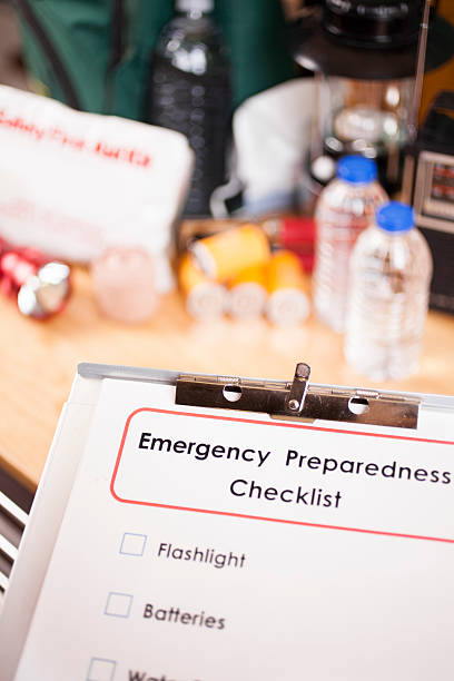 istock Emergency preparedness checklist and natural disaster supplies. 487433010