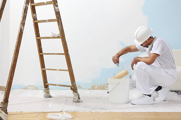 pintor homem no trabalho é a cor com rolo para pintar - construction dirt dirty manual worker - fotografias e filmes do acervo