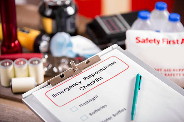 istock Emergency preparedness checklist and disaster supplies. 487436104