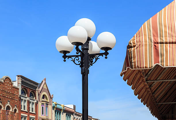 An old fashion light pole with light globes with cropped buildings and awning in the picture with blue sky in the background