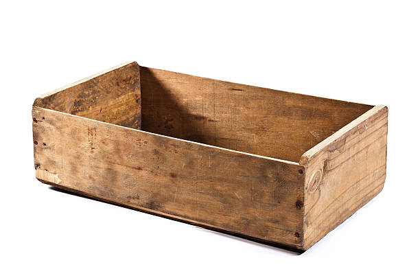 istock Empty old wooden crate isolated on white backdrop 487443950