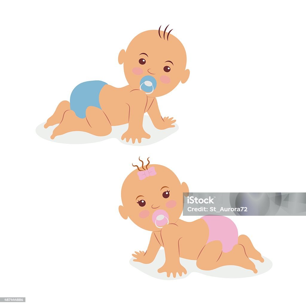 Two newborn babies crawling on all fours in diapers. Illustration of two newborn babies crawling on all fours in diapers. Baby - Human Age stock vector