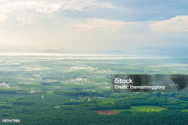 Sunrise Mountain View Landscape With Fog Stock Photo - Download Image Now - 2015, Awe, Bush