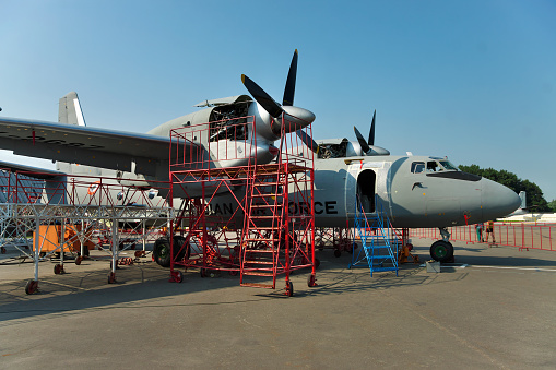 Kiev, Ukraine - July 7, 2012: Indian Air Force cargo planes An-32 during the maintenance and equipment upgrade