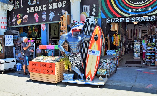 Venice, California, USA - July 11, 2015: Colorful storefronts line the Boardwalk in Venice Beach.