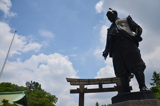 Osaka, Japan - July 10, 2015: Toyotomi Hideyoshi statue at Hokoku Shrine in Osaka Castle Park in Osaka, Japan