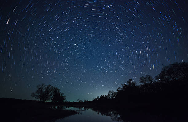 istock beautiful night sky, Milky Way, star trails  and the trees 487455970