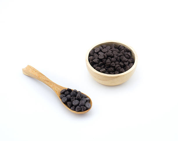 istock Chocolate chips in wooden spoon and bowl on white background 487459484
