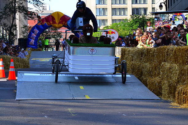 Montreal Red Bull Soapboax Race Montreal, Canada - September 06, 2015: Montreal Red Bull Soapboax Race in Montreal Downtow.A lot of fun and ingenious ideas.Number 2 team. red bull mini stock pictures, royalty-free photos & images