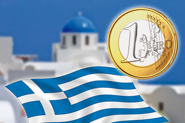 グレグジット,ユーロ硬貨,旗,ギリシャ,サントリーニ - flag greece european union flag coat of arms ストックフォトと画像