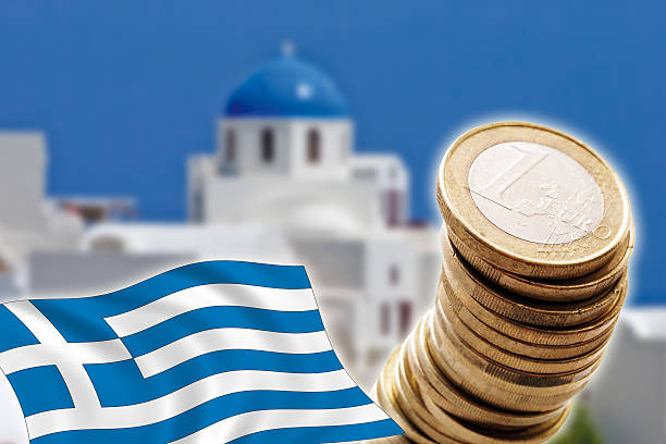 グレグジット,ユーロ硬貨,旗,ギリシャ,サントリーニ - flag greece european union flag coat of arms ストックフォトと画像