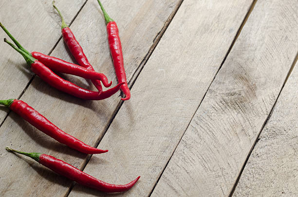 istock Red chili on an wooden background 487463110