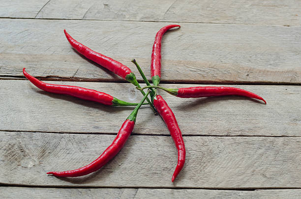 istock Red chili on an wooden background 487463112