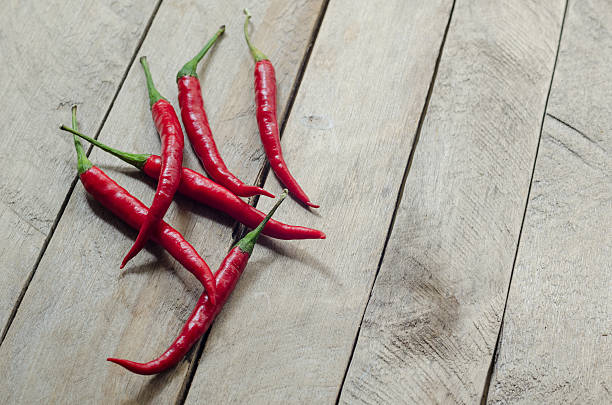 istock Red chili on an wooden background 487463114