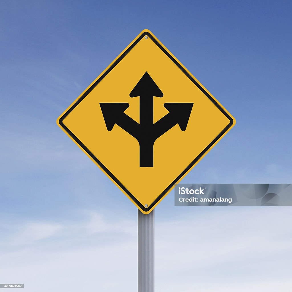 Three Ways A conceptual road sign with a three way arrow Road Sign Stock Photo