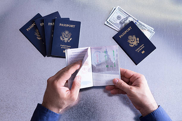 zoll- oder grenze offizielle, die einen reisepass - customs official examining emigration and immigration document stock-fotos und bilder