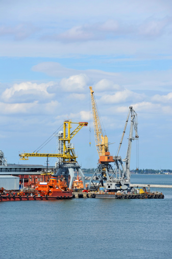 Bunker ship (fuel replenishment tanker) under port crane, Odessa, Ukraine