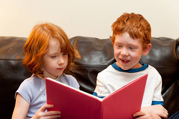 2 de cabeza roja niños de leer un libro juntos - foto de stock