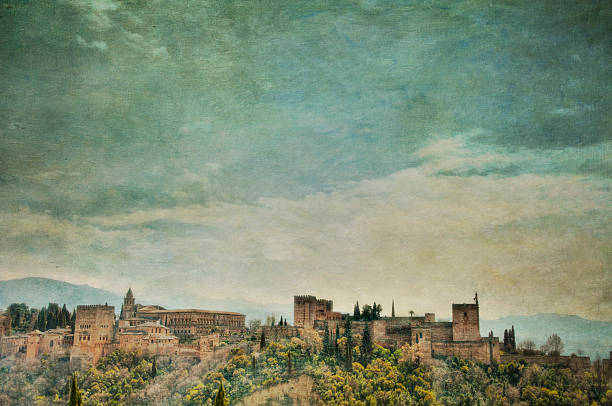 Panoramic view of Alhambra Palace with textures added Panoramic view of the Alhambra Palace from Granada. Textures have been added to the photograph to give atmosphere and a painterly look. classical style stock pictures, royalty-free photos & images