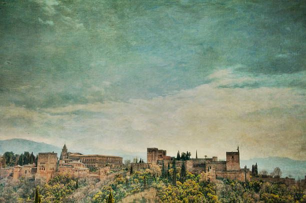 vista panorâmica para o palácio de alhambra e com texturas adicionado - clássico - fotografias e filmes do acervo