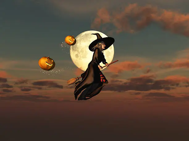 Witch on a broomstick and jack-o'-lanterns