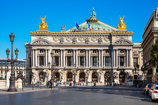 Paris, France - August 22, 2015: Front view of the Opera National de Paris with people. Grand Opera (Opera Garnier) is famous neo-baroque building in Paris. Designed by Charles Garnier in 1875.