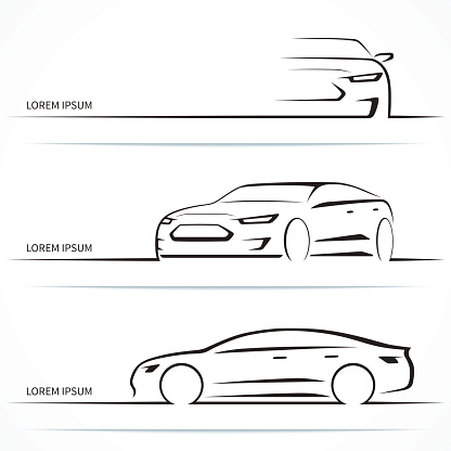 Set of luxury car silhouettes. Modern sports sedan outlines, contours. Vector illustration