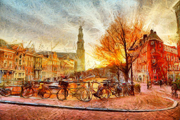Amsterdam canal at evening impressionistic painting
