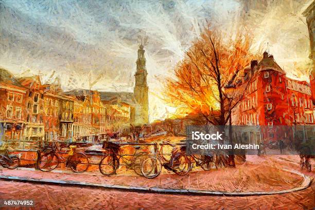 Amsterdam Canal At Evening Impressionistic Painting Stock Photo - Download Image Now