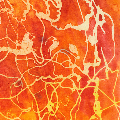 Hand painted watercolor and ink background. Shades of orange is the prominent color in this painting. There is a gradient of color on the background with white squiggles throughout the painting.