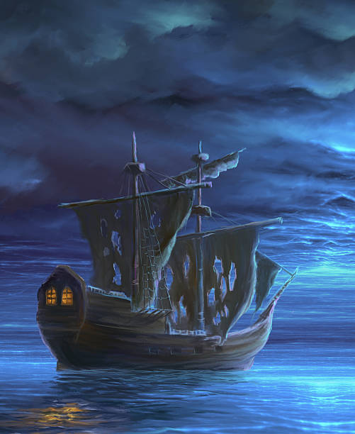 istock Night sea after the storm with sailboat 487476232