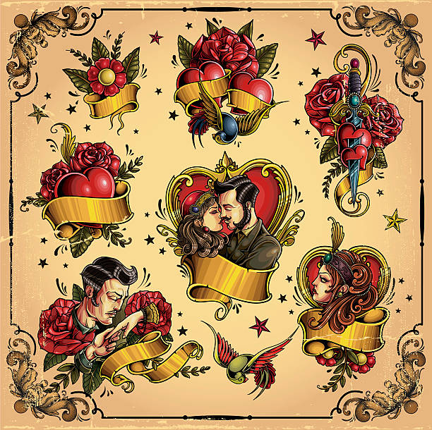 옛날 love tattoo - valentines day hearts flash stock illustrations