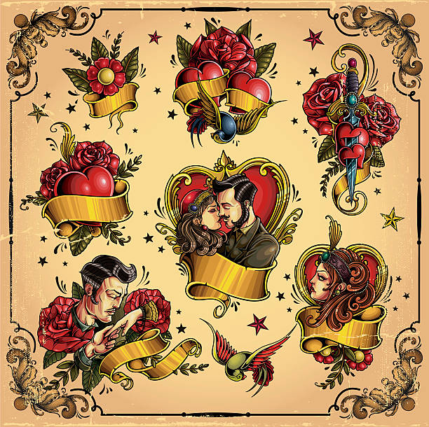 ilustrações, clipart, desenhos animados e ícones de old-school amor tatuagem - valentines day hearts flash