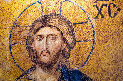 An early christian gold-leafed mosaic of Jesus from the Hagia Sofia church in Istanbul, Turkey.